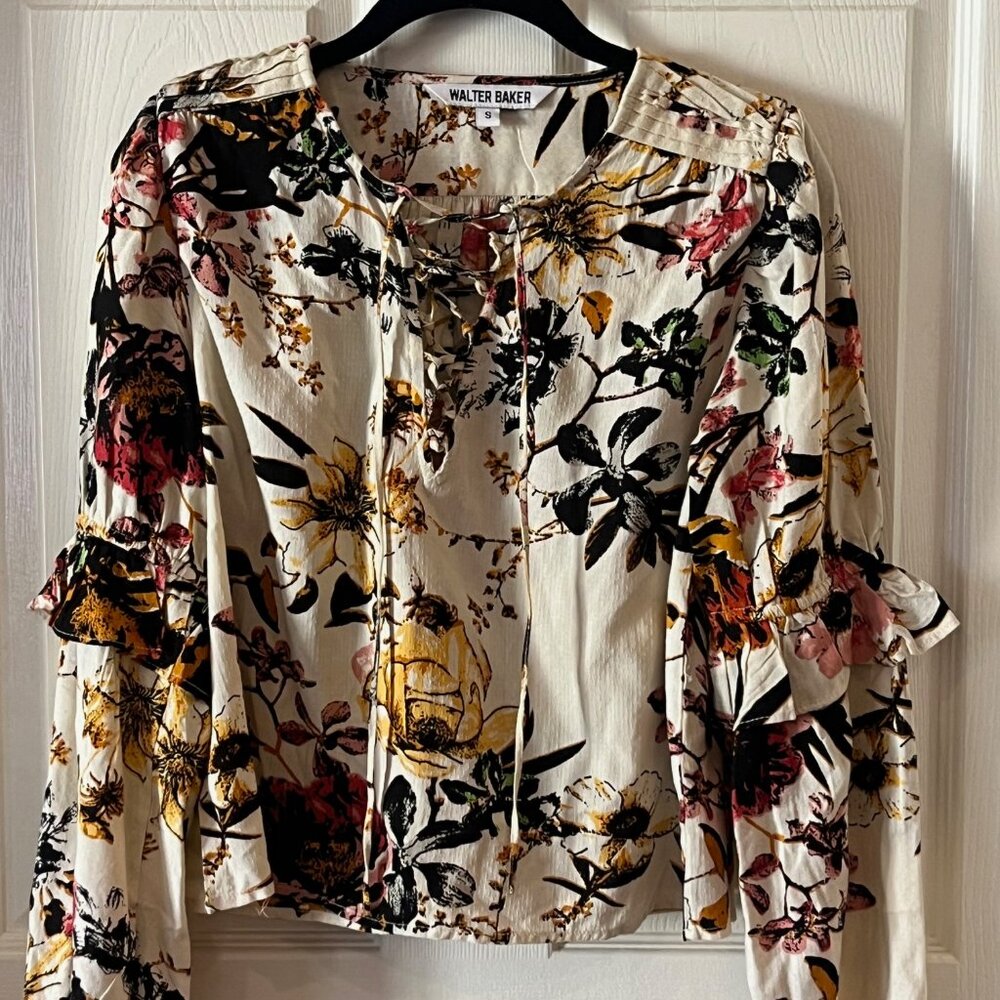 Walter Baker Floral Blouse Top Cream with Vibrant Yellow and Orange Fun Sleeve